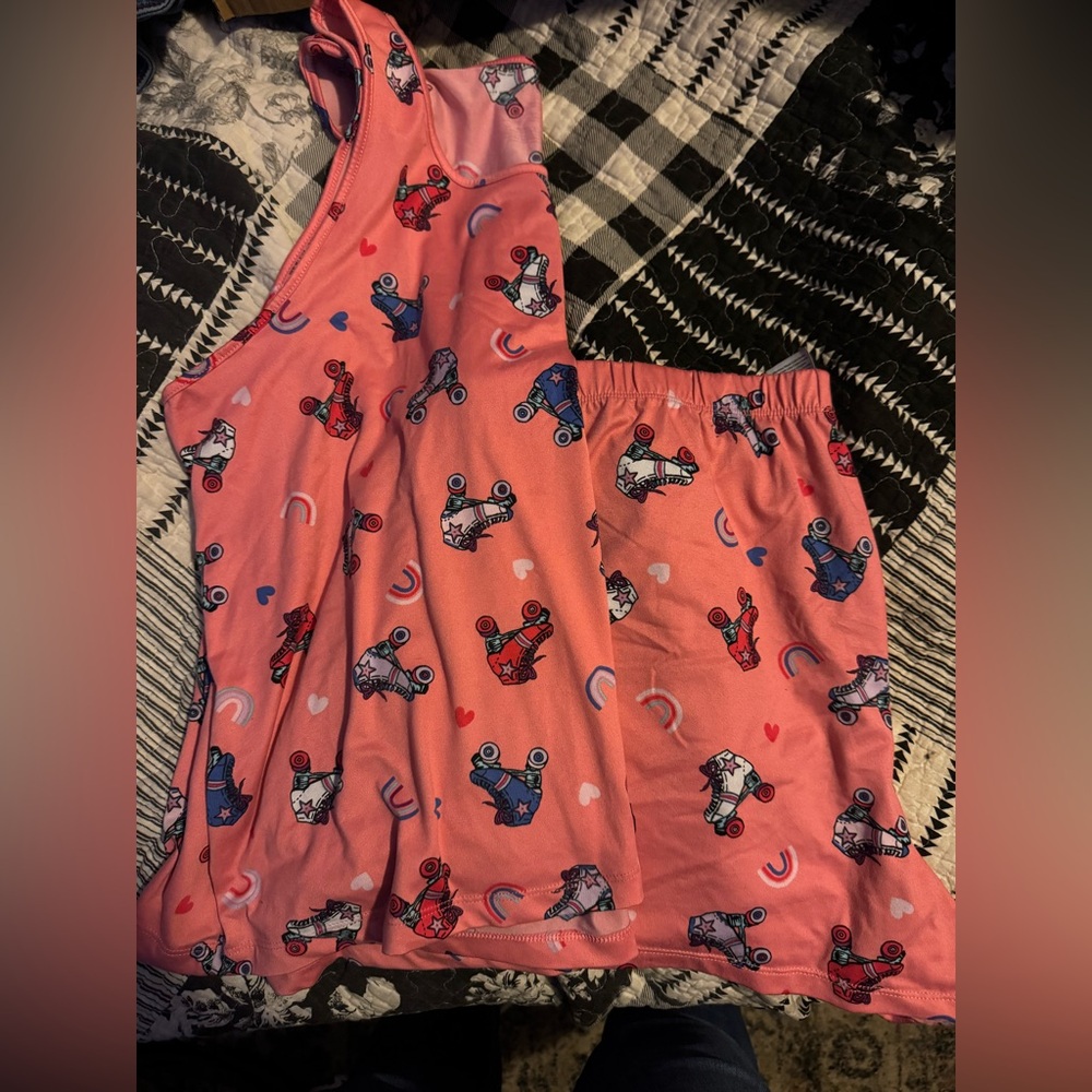 Pink One-Shoulder Pajama Set with Cartoon Print